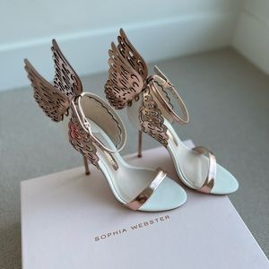 Sophia Webster Evangeline Sandal in White + Rose Gold 110mm, Size 35 EU/IT